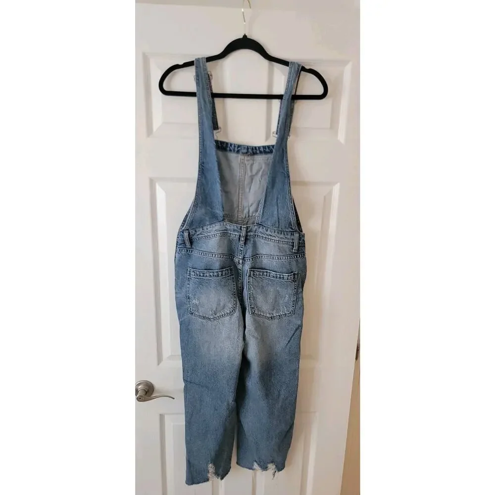 Free People Baggy BF Denim Overalls SZ 24 Boyfriend Distressed Drapey OB 898204